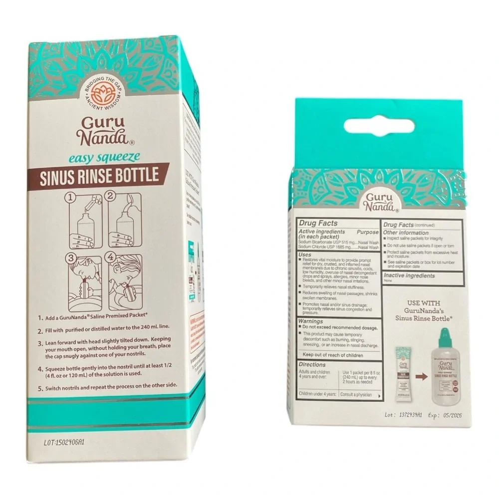 2 Piece Set Of Guru Nanda Sinus Rinse Bottle Nasal Rinse Saline Premixed Packets